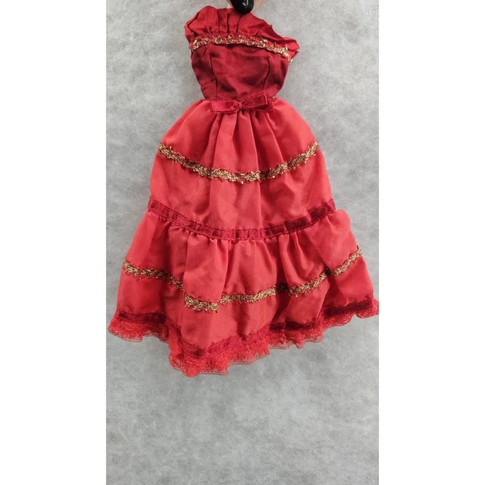 Barbie Sized Christmas Gown Red‎ Gold Holiday Dress Clothes Vtg DRESS ONLY